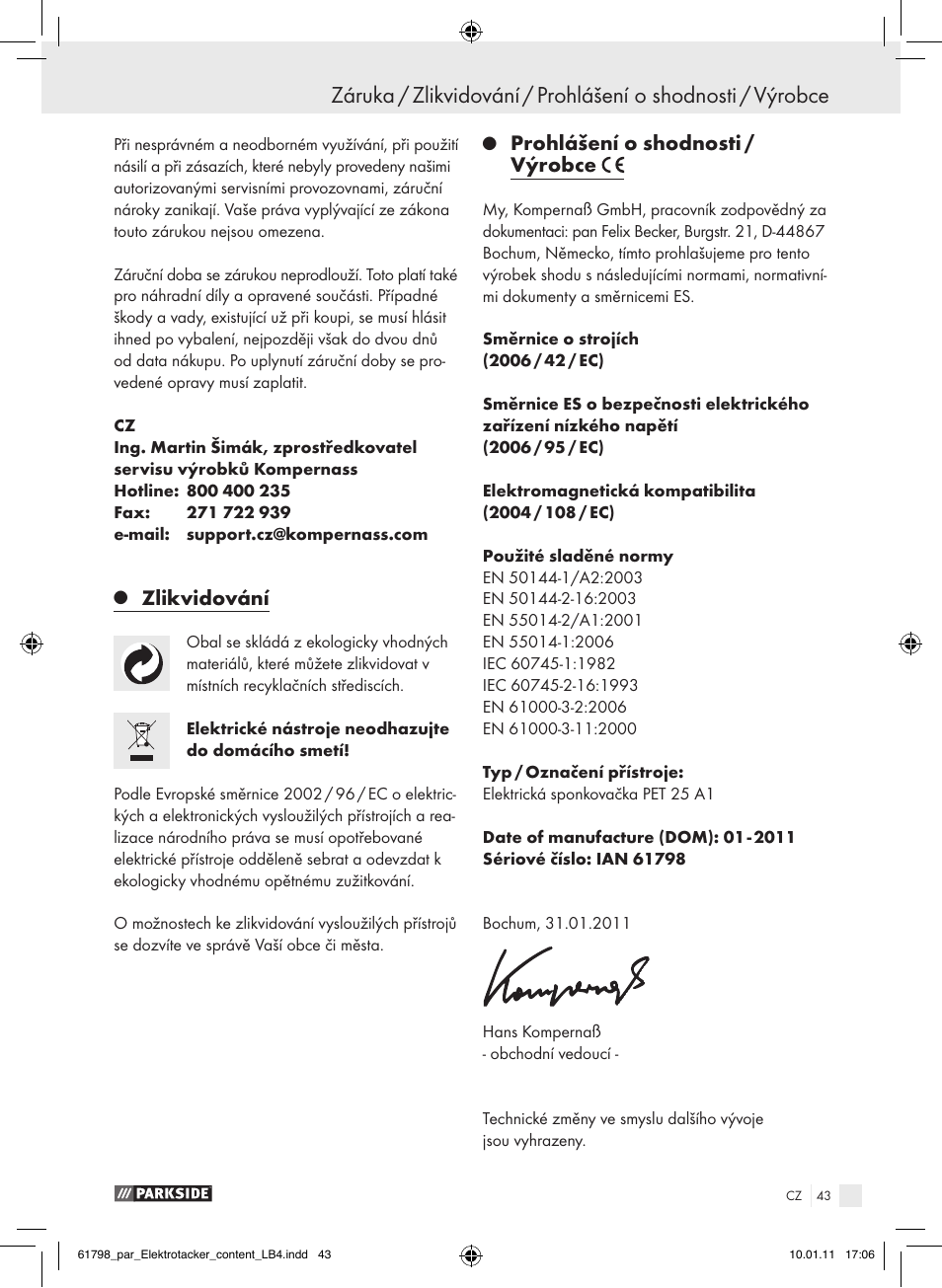 Zlikvidování, Prohlášení o shodnosti / výrobce | Parkside PET 25 A1 User Manual | Page 42 / 60