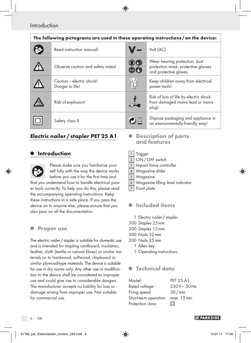 Introduction, Electric nailer / stapler pet 25 a1, Proper use | Description of parts and features, Included items, Technical data | Parkside PET 25 A1 User Manual | Page 5 / 60