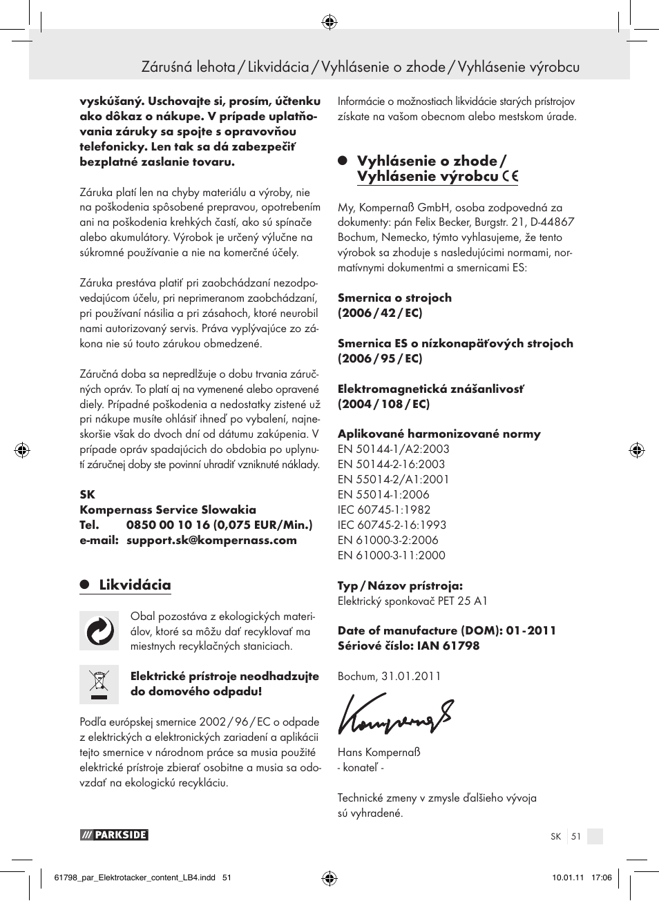 Likvidácia, Vyhlásenie o zhode / vyhlásenie výrobcu | Parkside PET 25 A1 User Manual | Page 50 / 60