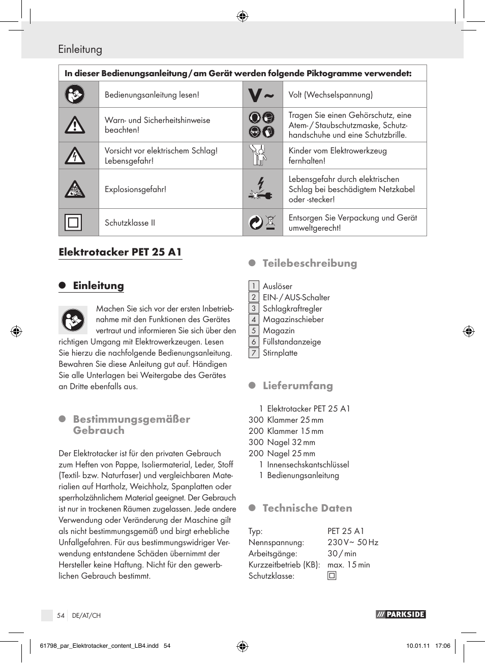 Einleitung, Elektrotacker pet 25 a1, Bestimmungsgemäßer gebrauch | Teilebeschreibung, Lieferumfang, Technische daten | Parkside PET 25 A1 User Manual | Page 53 / 60