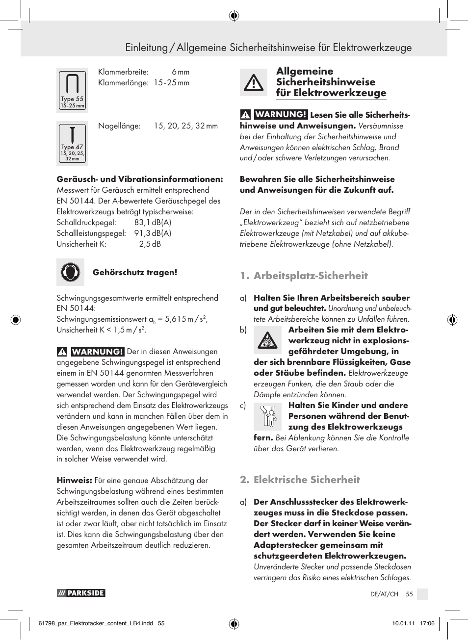 Arbeitsplatz-sicherheit, Elektrische sicherheit | Parkside PET 25 A1 User Manual | Page 54 / 60