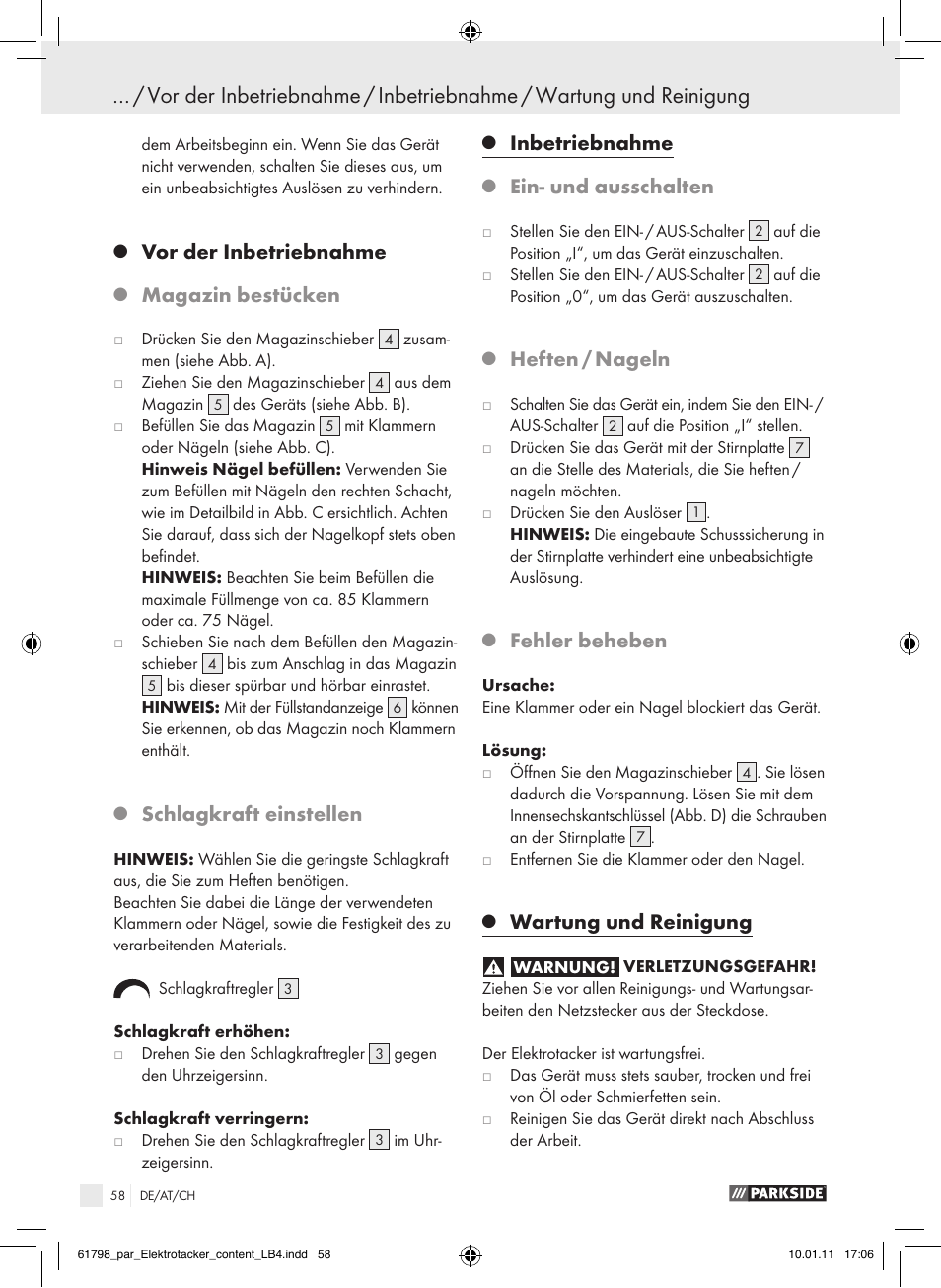 Vor der inbetriebnahme, Magazin bestücken, Schlagkraft einstellen | Inbetriebnahme, Ein- und ausschalten, Heften / nageln, Fehler beheben, Wartung und reinigung | Parkside PET 25 A1 User Manual | Page 57 / 60