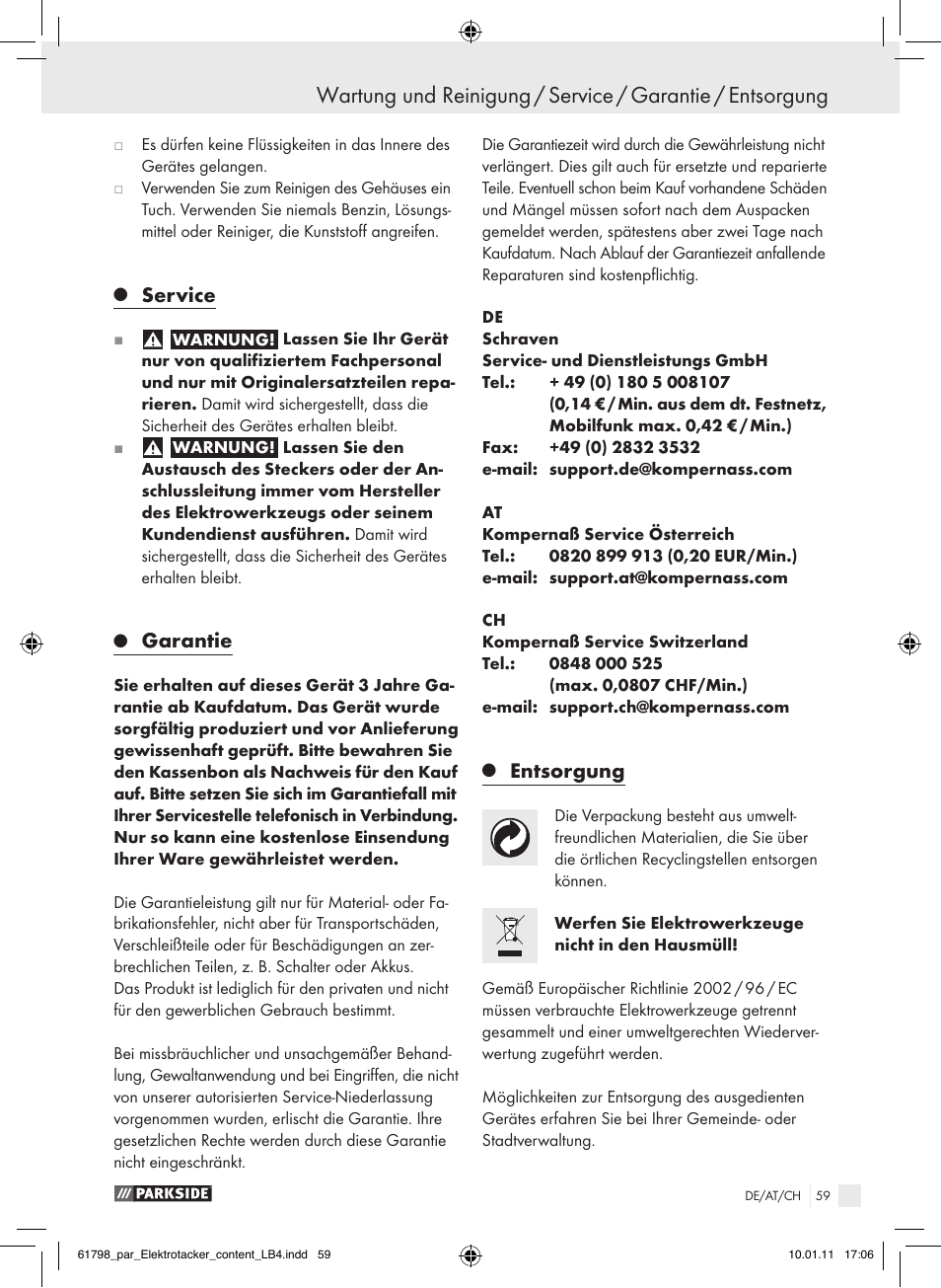 Service, Garantie, Entsorgung | Parkside PET 25 A1 User Manual | Page 58 / 60