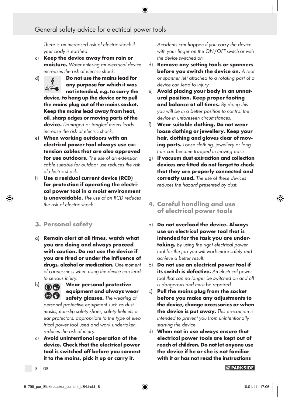 General safety advice for electrical power tools, Personal safety, Careful handling and use of electrical power tools | Parkside PET 25 A1 User Manual | Page 7 / 60