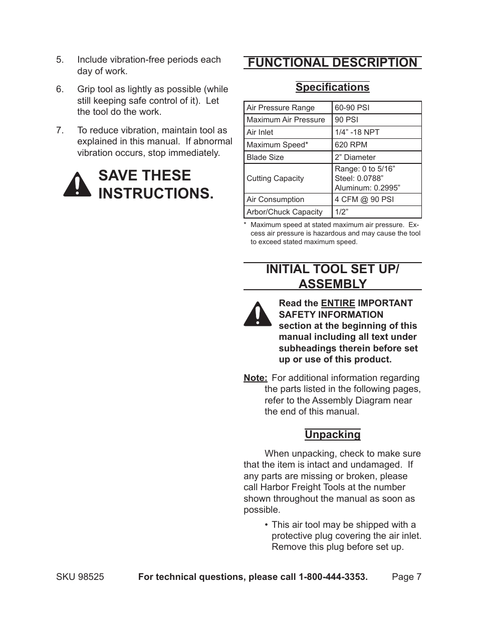 Save these instructions, Functional description, Initial tool set up/ assembly | Harbor Freight Tools Model 98525 User Manual | Page 7 / 15