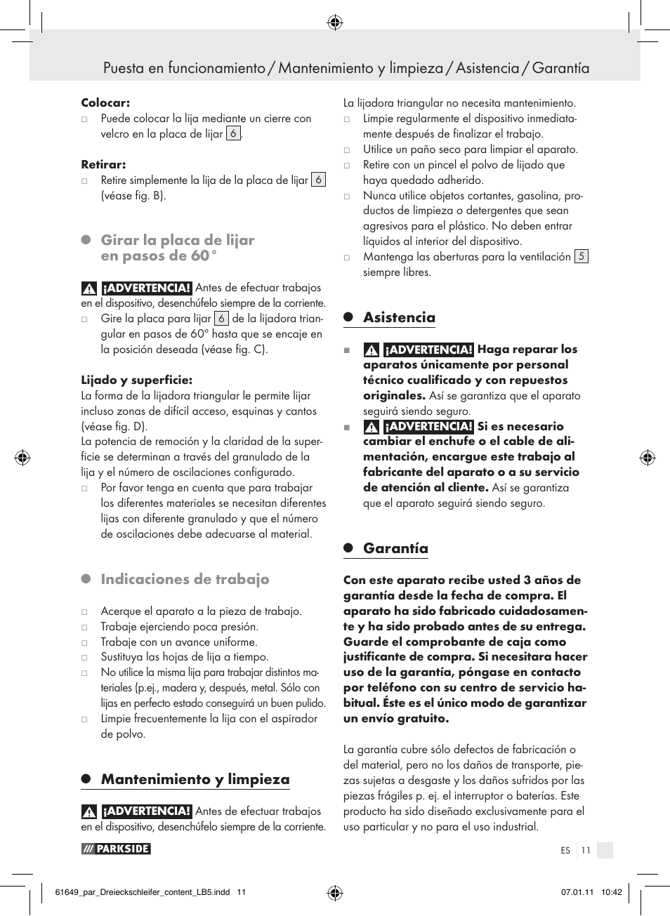 Girar la placa de lijar en pasos de 60, Indicaciones de trabajo, Mantenimiento y limpieza | Asistencia, Garantía | Parkside PDS 290 A1 User Manual | Page 10 / 47