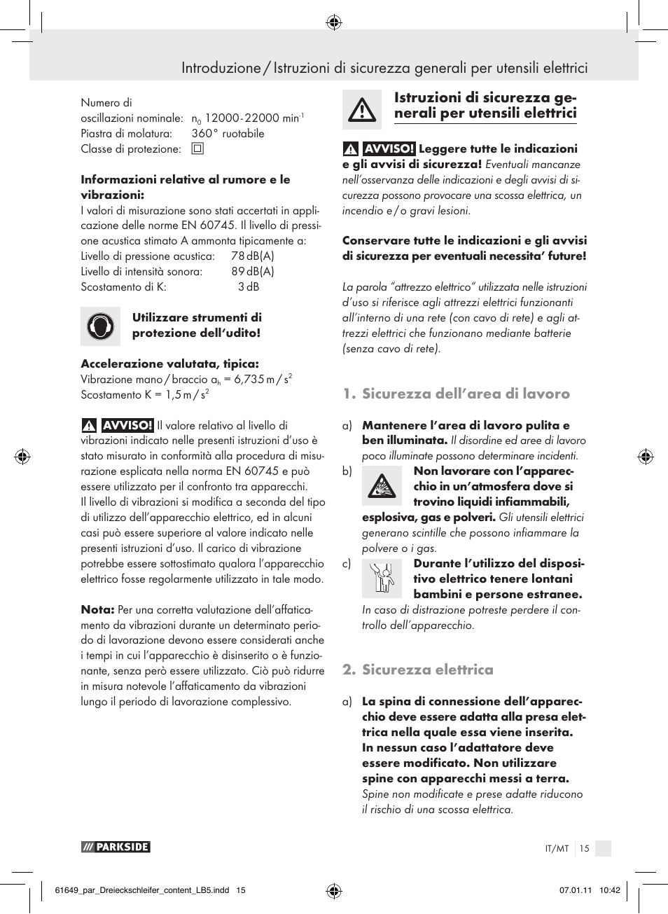 Sicurezza dell’area di lavoro, Sicurezza elettrica | Parkside PDS 290 A1 User Manual | Page 14 / 47