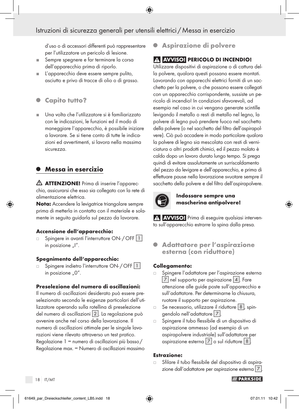 Capito tutto, Messa in esercizio, Aspirazione di polvere | Parkside PDS 290 A1 User Manual | Page 17 / 47
