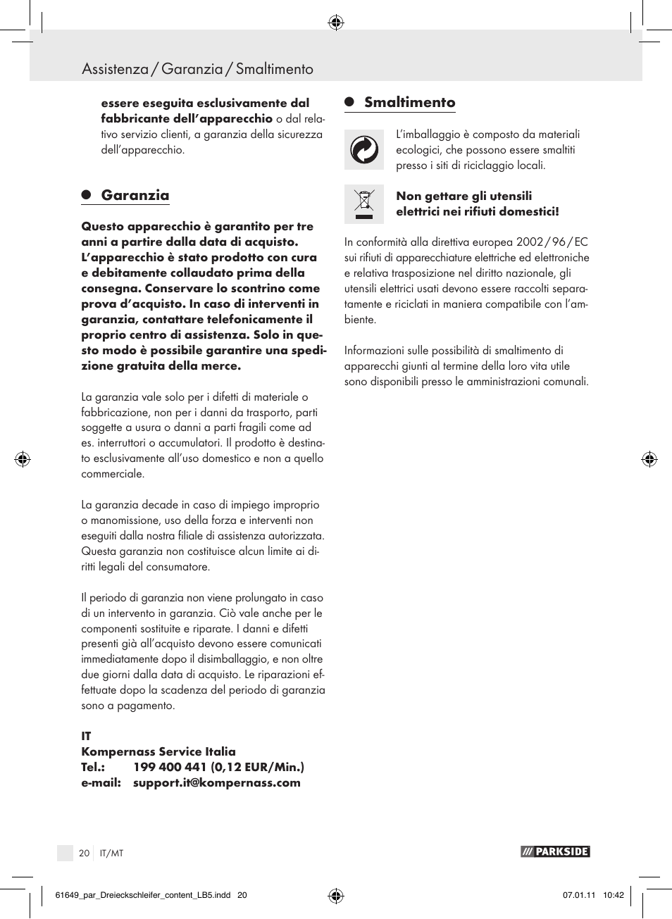 Assistenza / garanzia / smaltimento, Garanzia, Smaltimento | Parkside PDS 290 A1 User Manual | Page 19 / 47