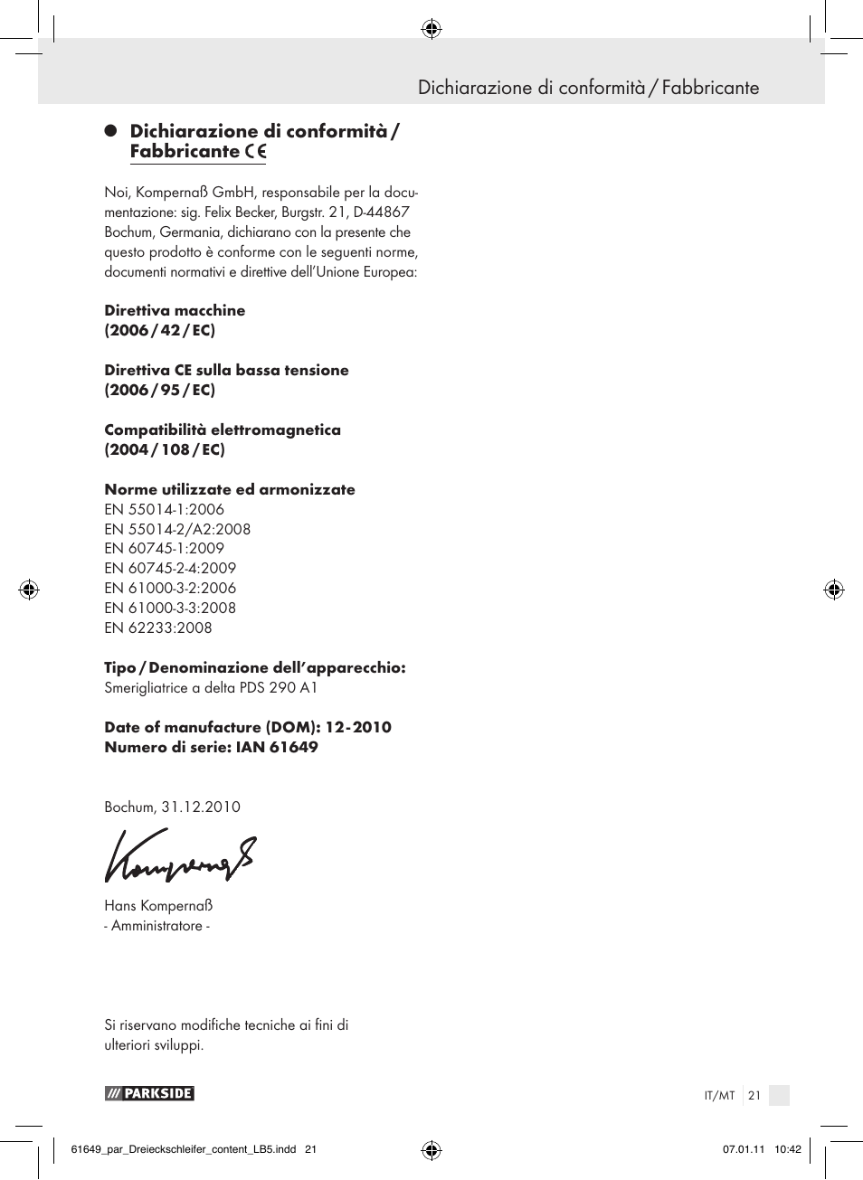 Dichiarazione di conformità / fabbricante | Parkside PDS 290 A1 User Manual | Page 20 / 47