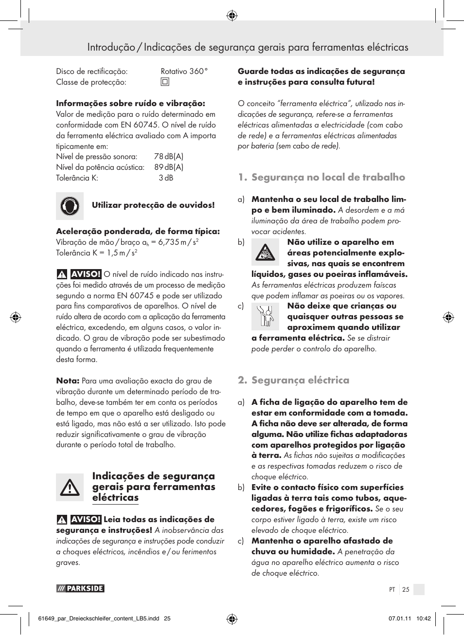 Segurança no local de trabalho, Segurança eléctrica | Parkside PDS 290 A1 User Manual | Page 24 / 47