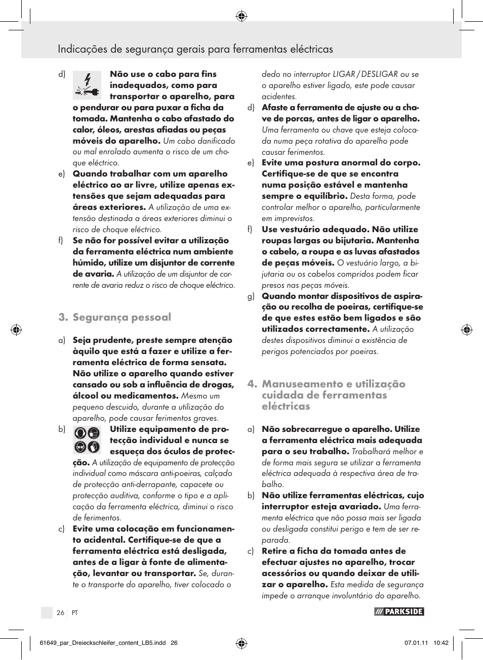 Segurança pessoal | Parkside PDS 290 A1 User Manual | Page 25 / 47
