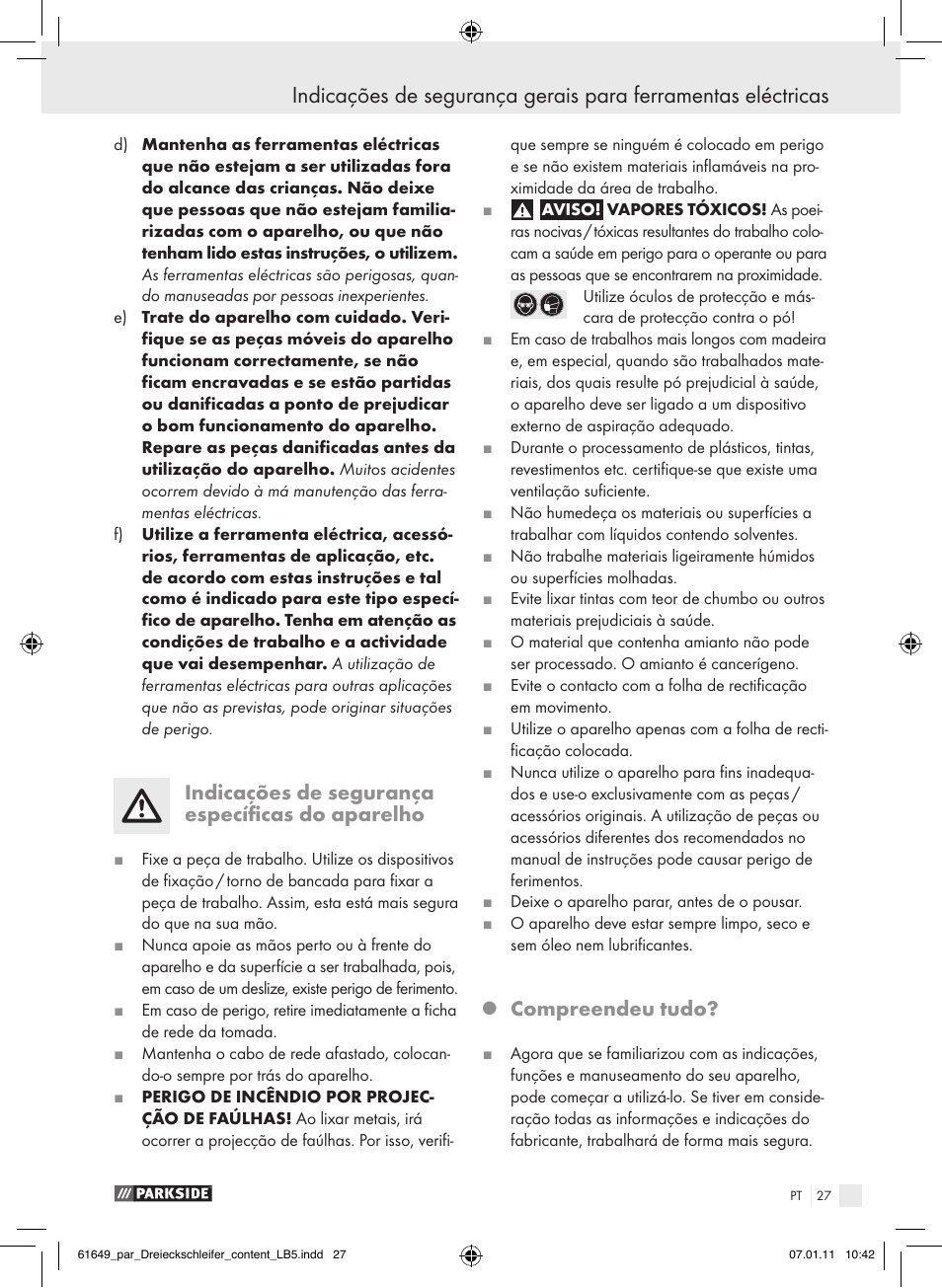 Indicações de segurança específicas do aparelho, Compreendeu tudo | Parkside PDS 290 A1 User Manual | Page 26 / 47