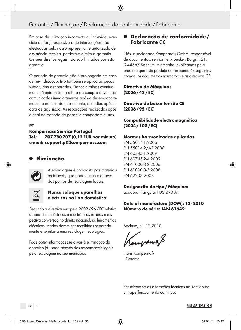 Eliminação, Declaração de conformidade / fabricante | Parkside PDS 290 A1 User Manual | Page 29 / 47