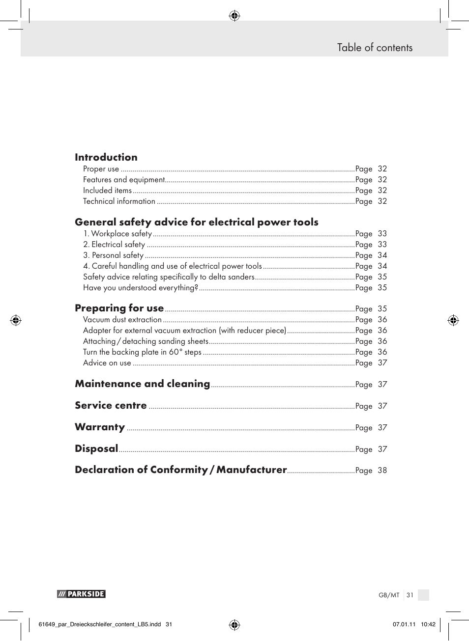 Introduction, General safety advice for electrical power tools, Preparing for use | Maintenance and cleaning, Service centre, Warranty, Disposal, Declaration of conformity / manufacturer | Parkside PDS 290 A1 User Manual | Page 30 / 47