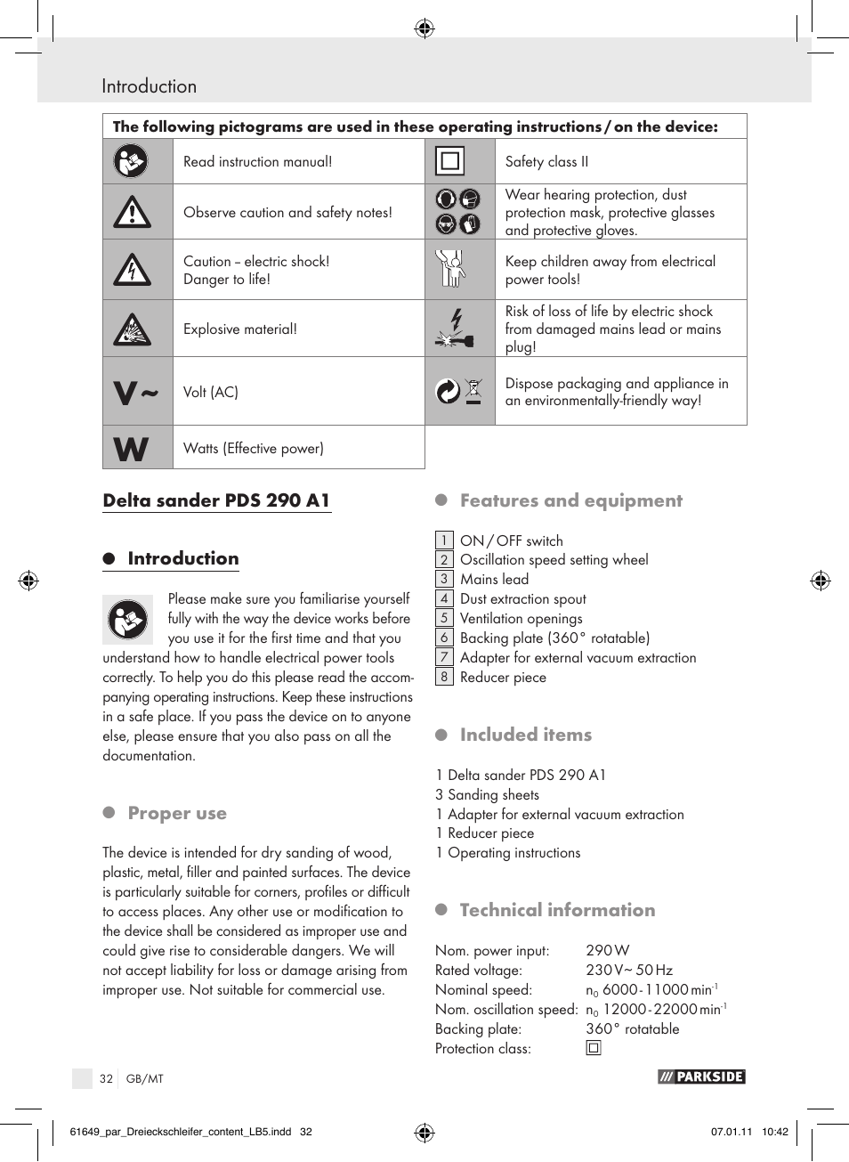 Introduction, Delta sander pds 290 a1, Proper use | Features and equipment, Included items, Technical information | Parkside PDS 290 A1 User Manual | Page 31 / 47