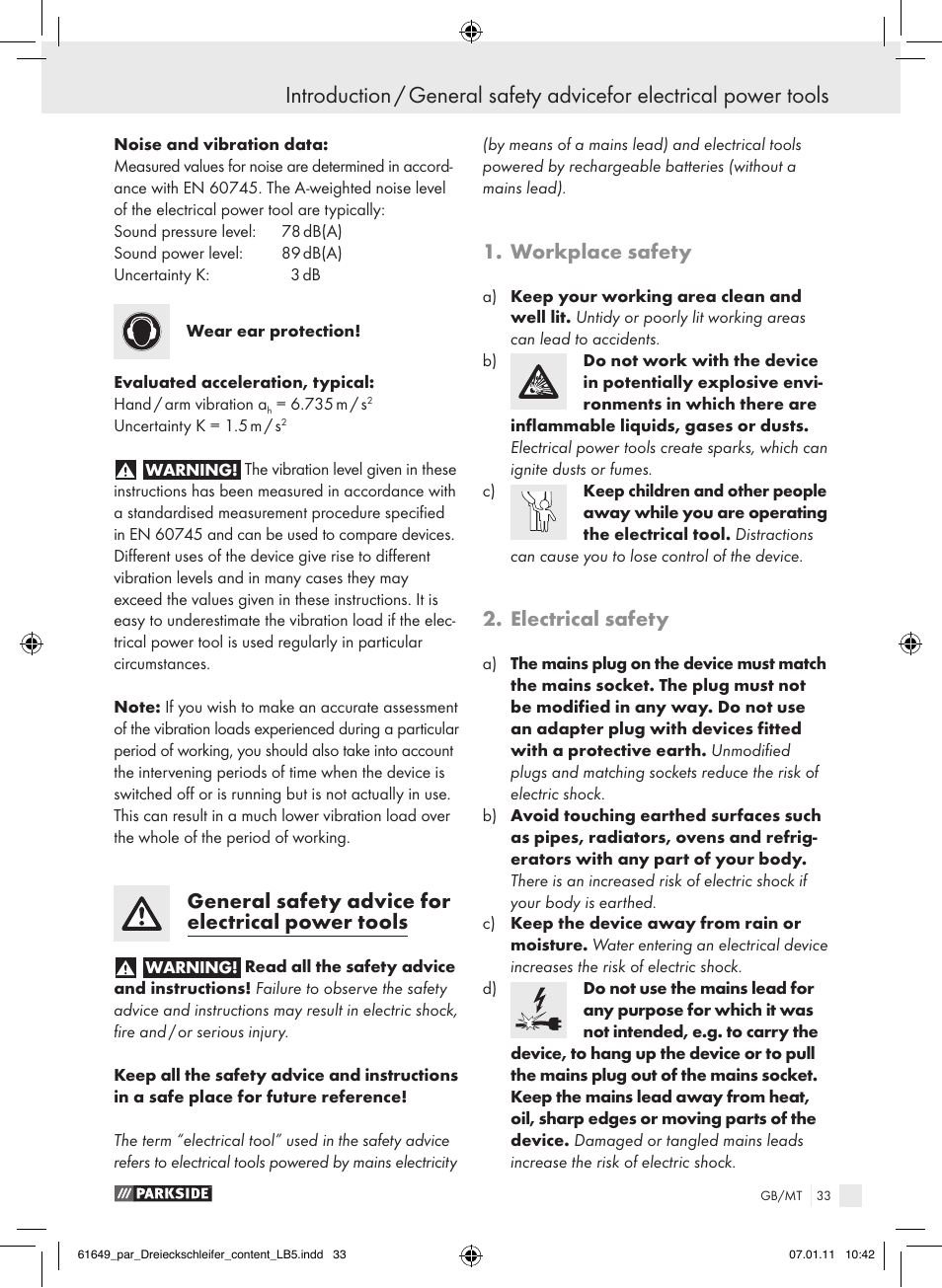 General safety advice for electrical power tools, Workplace safety, Electrical safety | Parkside PDS 290 A1 User Manual | Page 32 / 47