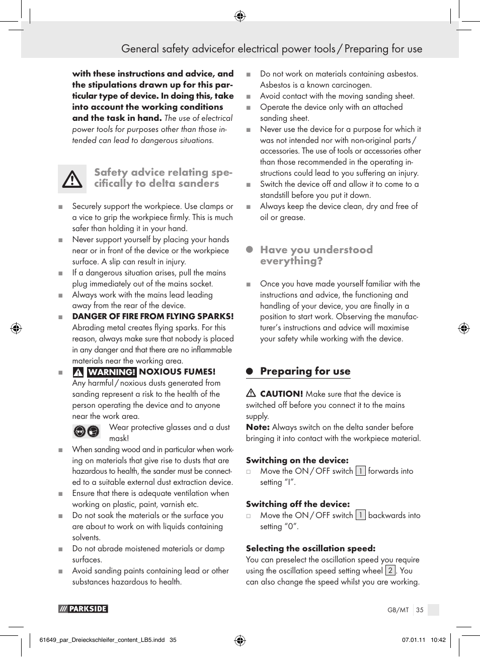 Have you understood everything, Preparing for use | Parkside PDS 290 A1 User Manual | Page 34 / 47