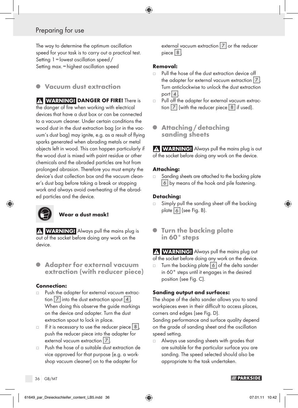 Vacuum dust extraction, Attaching / detaching sanding sheets, Turn the backing plate in 60° steps | Parkside PDS 290 A1 User Manual | Page 35 / 47