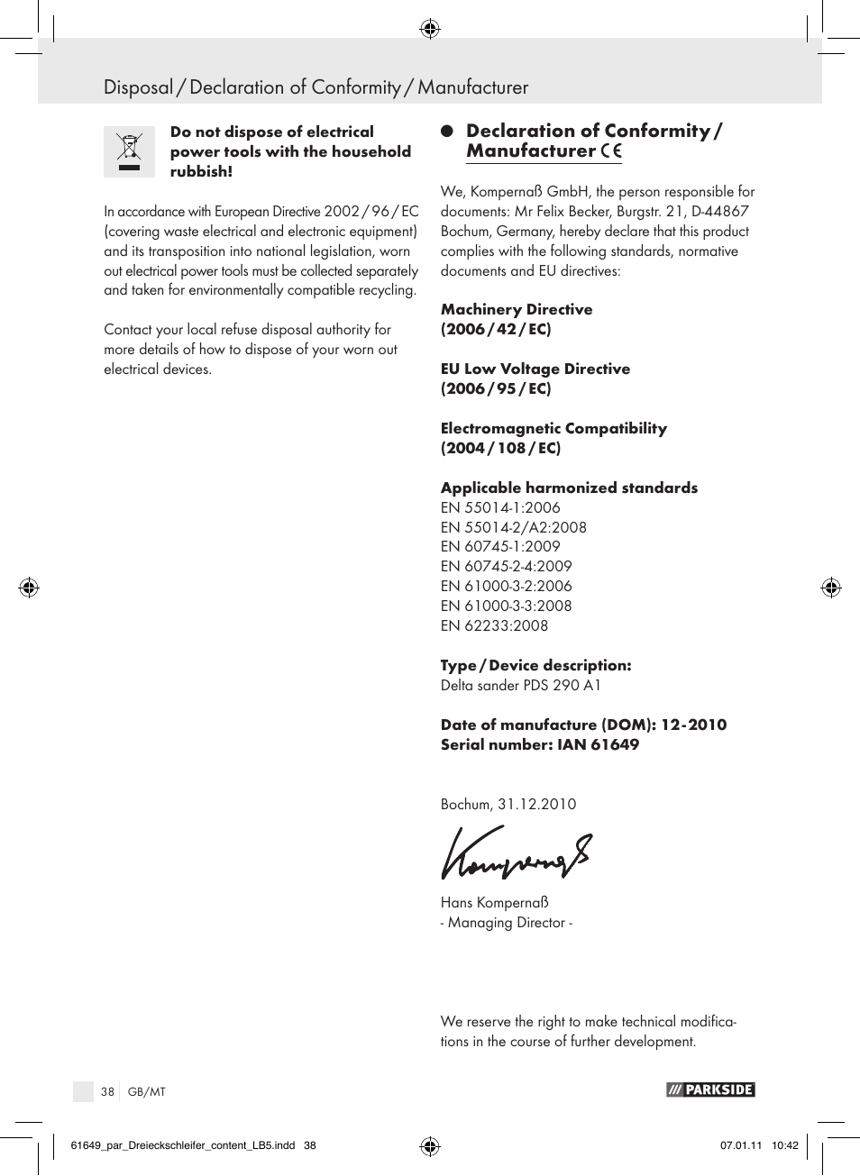 Declaration of conformity / manufacturer | Parkside PDS 290 A1 User Manual | Page 37 / 47