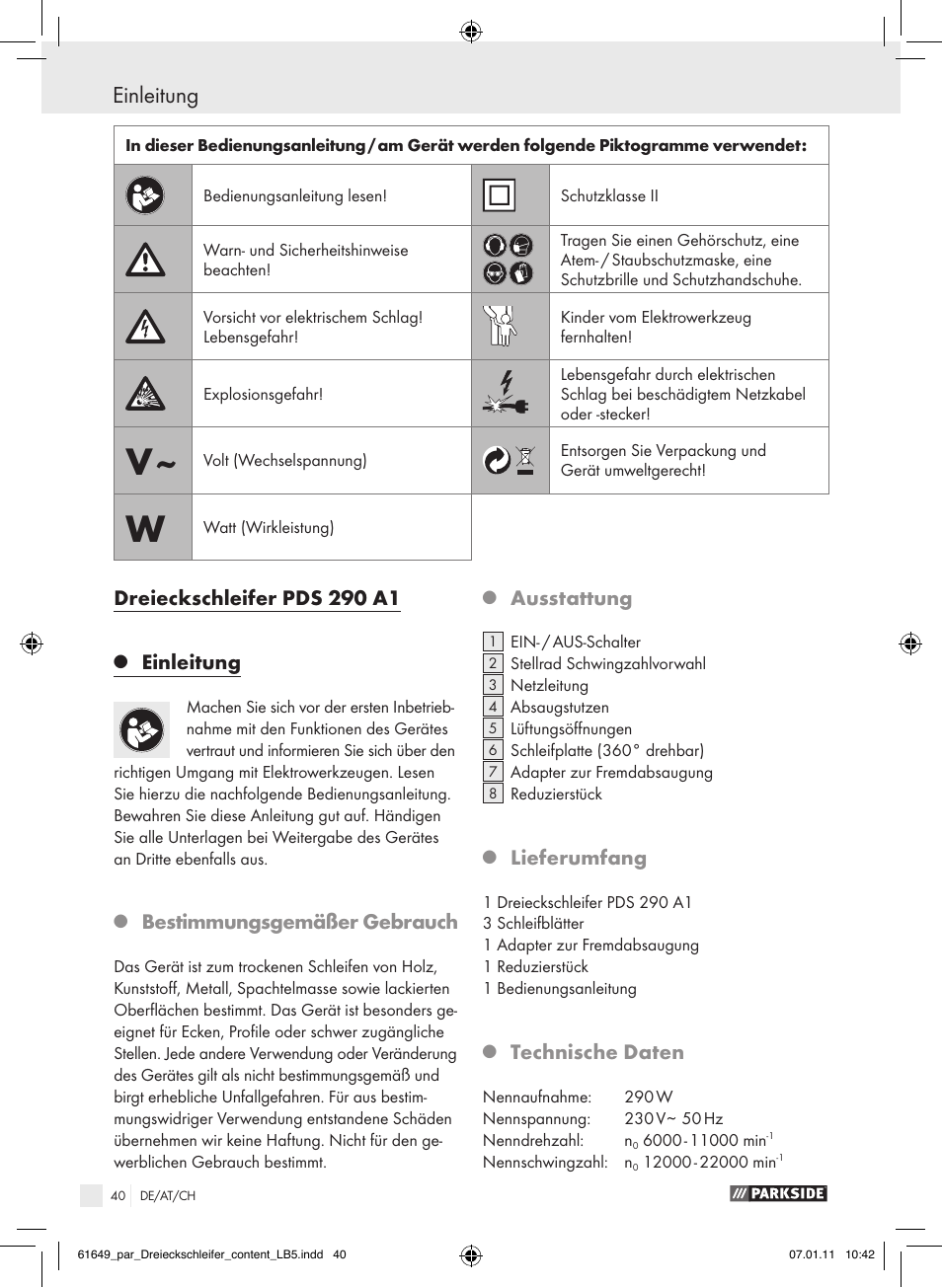 Einleitung, Dreieckschleifer pds 290 a1, Bestimmungsgemäßer gebrauch | Ausstattung, Lieferumfang, Technische daten | Parkside PDS 290 A1 User Manual | Page 39 / 47