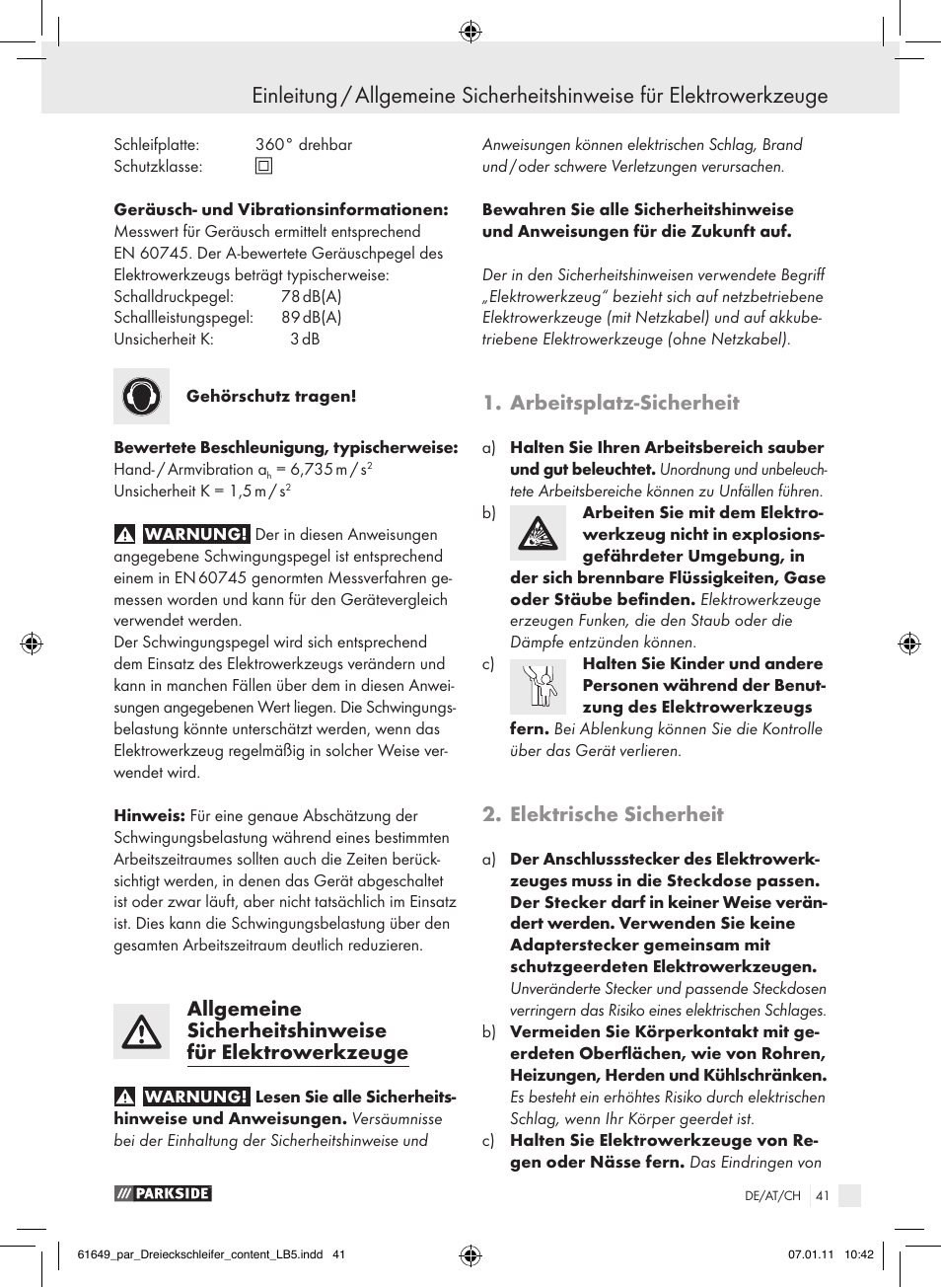 Arbeitsplatz-sicherheit, Elektrische sicherheit | Parkside PDS 290 A1 User Manual | Page 40 / 47