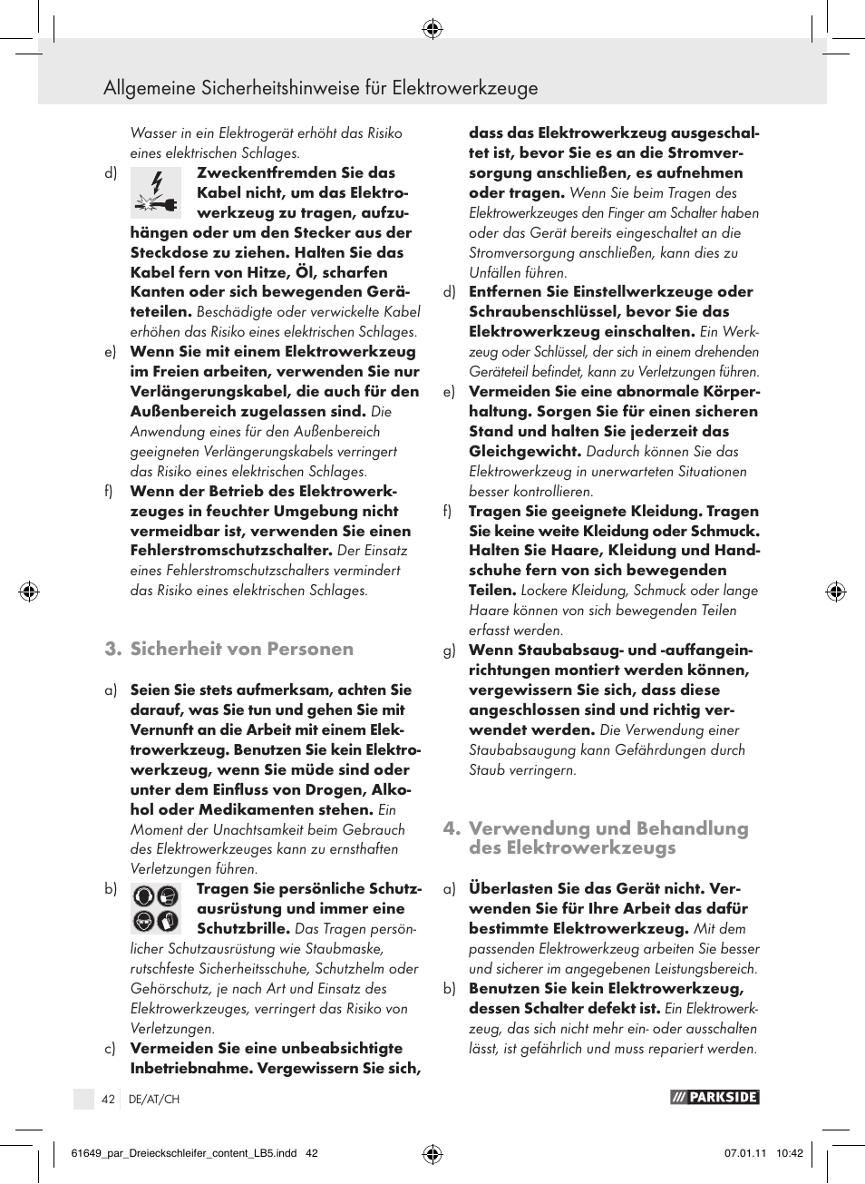 Sicherheit von personen, Verwendung und behandlung des elektrowerkzeugs | Parkside PDS 290 A1 User Manual | Page 41 / 47