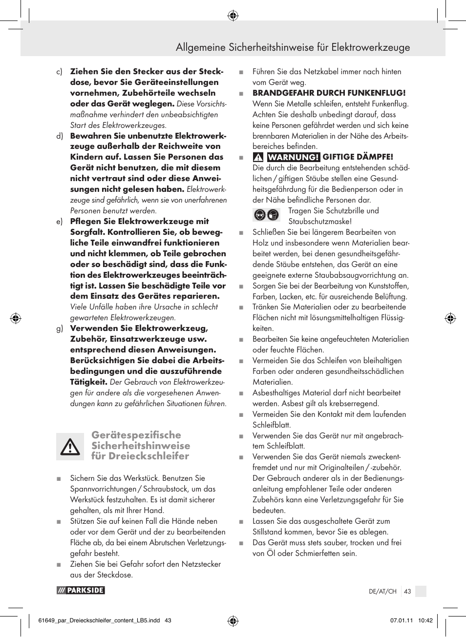 Parkside PDS 290 A1 User Manual | Page 42 / 47