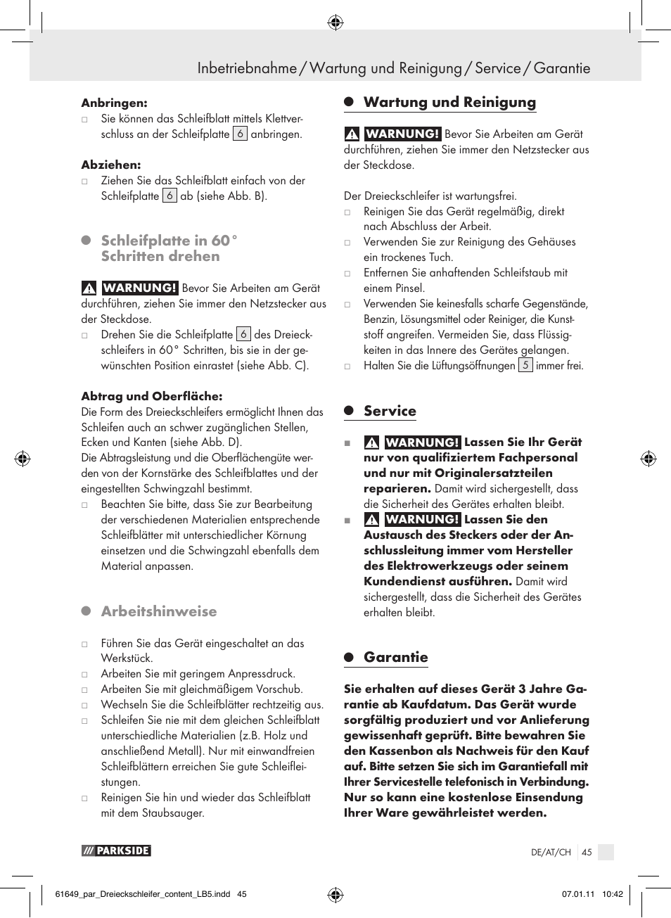 Schleifplatte in 60° schritten drehen, Arbeitshinweise, Wartung und reinigung | Service, Garantie | Parkside PDS 290 A1 User Manual | Page 44 / 47