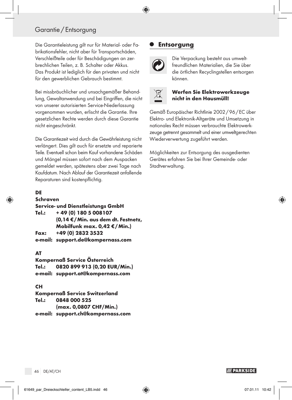 Sicherheit / bedienung, Garantie / entsorgung, Entsorgung | Parkside PDS 290 A1 User Manual | Page 45 / 47