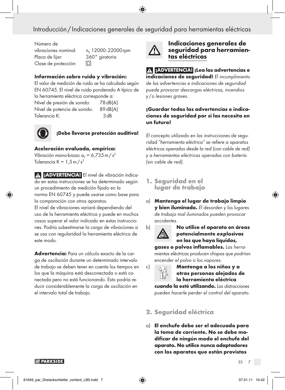 Seguridad en el lugar de trabajo, Seguridad eléctrica | Parkside PDS 290 A1 User Manual | Page 6 / 47