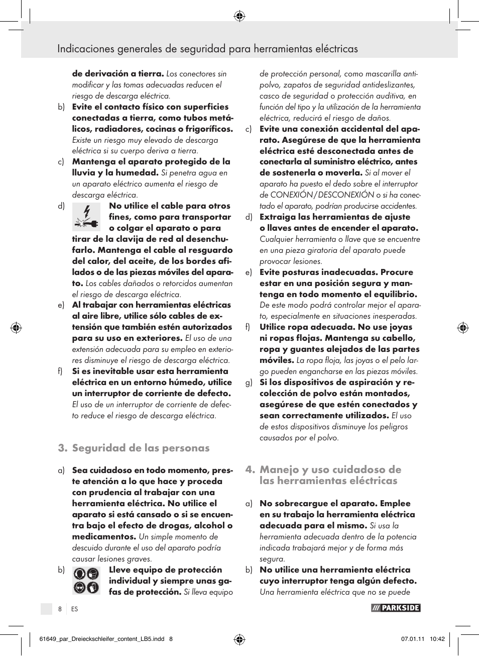 Seguridad de las personas | Parkside PDS 290 A1 User Manual | Page 7 / 47