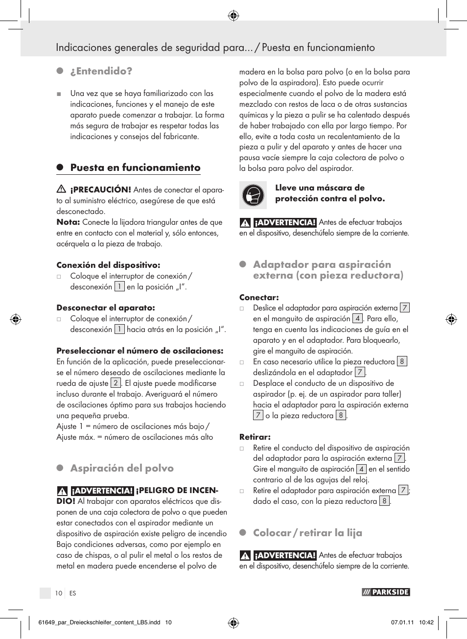 Entendido, Puesta en funcionamiento, Aspiración del polvo | Colocar / retirar la lija | Parkside PDS 290 A1 User Manual | Page 9 / 47