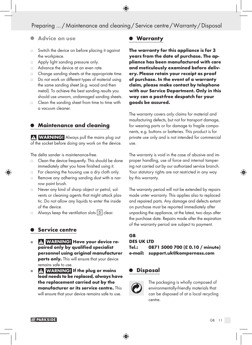 Advice on use, Maintenance and cleaning, Service centre | Warranty, Disposal | Parkside PDS 290 A1 User Manual | Page 10 / 65