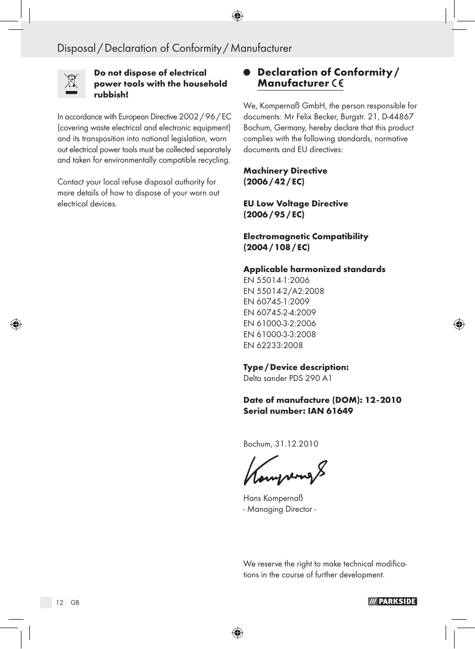 Declaration of conformity / manufacturer | Parkside PDS 290 A1 User Manual | Page 11 / 65