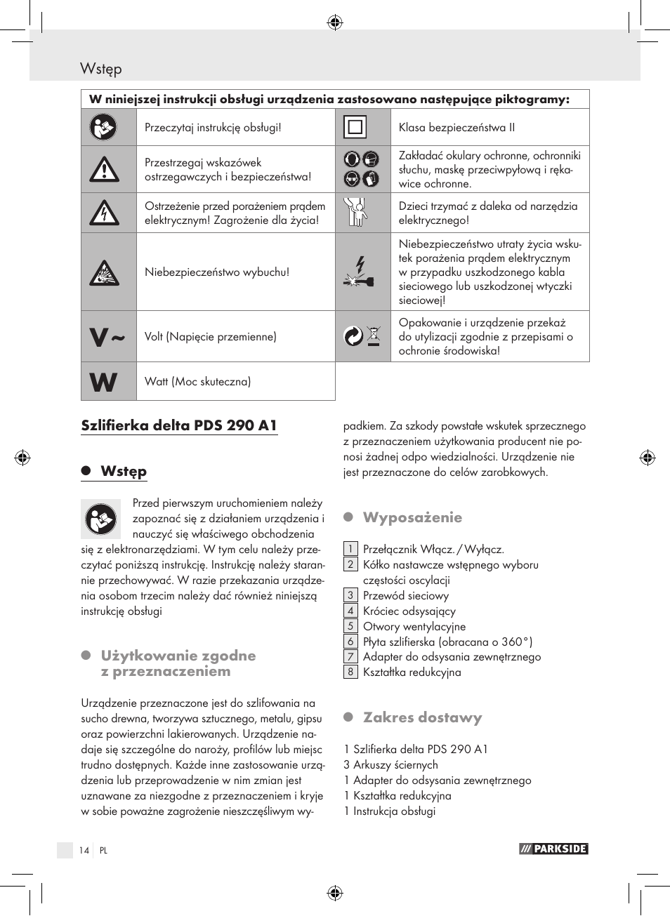 Wstęp, Szlifierka delta pds 290 a1, Użytkowanie zgodne z przeznaczeniem | Wyposażenie, Zakres dostawy | Parkside PDS 290 A1 User Manual | Page 13 / 65