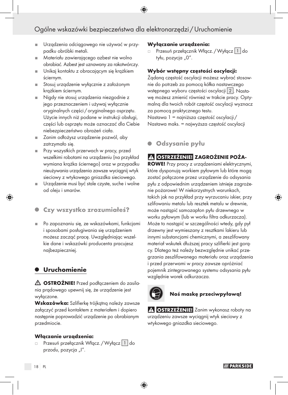 Czy wszystko zrozumiałeś, Uruchomienie, Odsysanie pyłu | Parkside PDS 290 A1 User Manual | Page 17 / 65