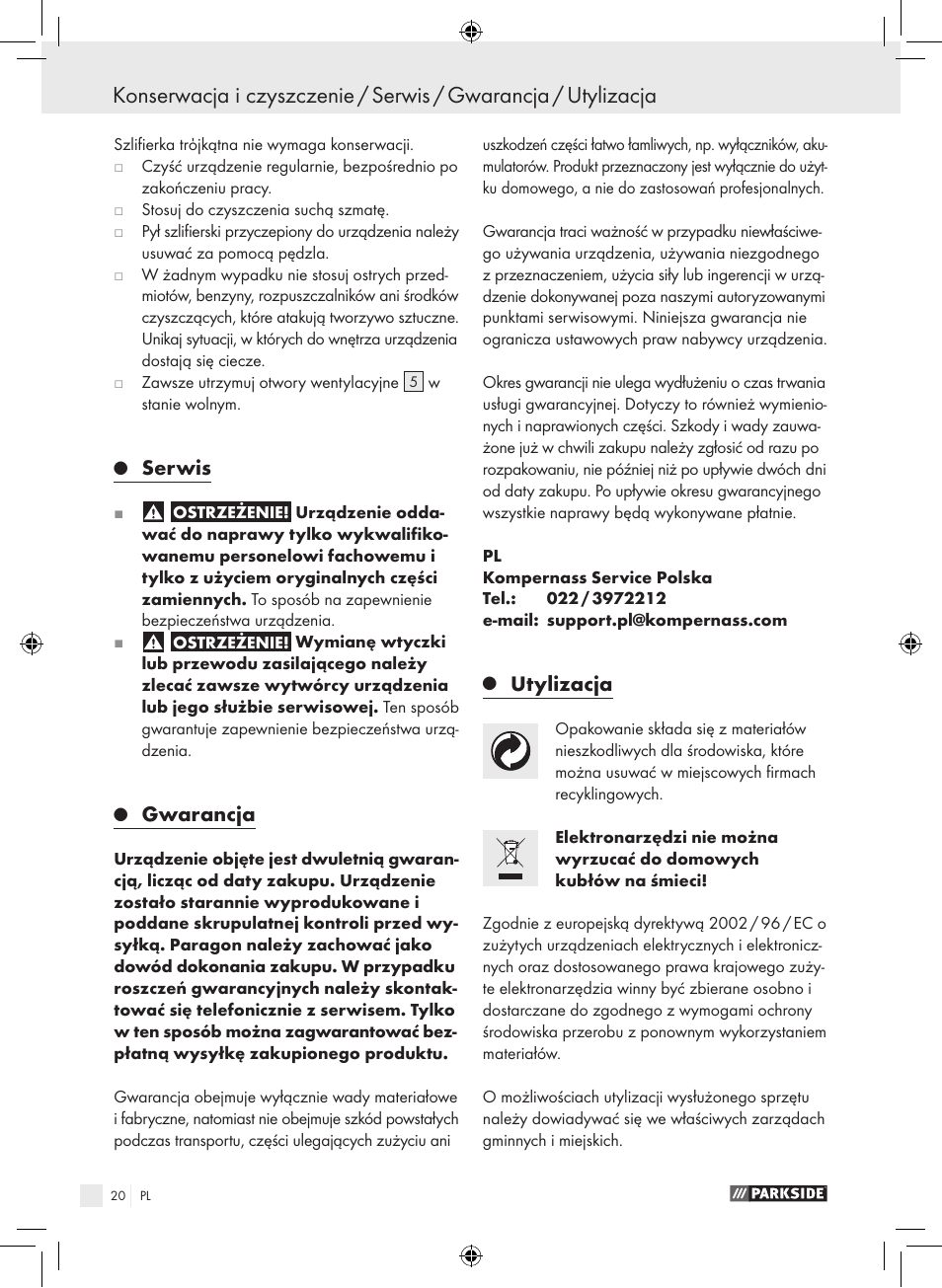 Serwis, Gwarancja, Utylizacja | Parkside PDS 290 A1 User Manual | Page 19 / 65