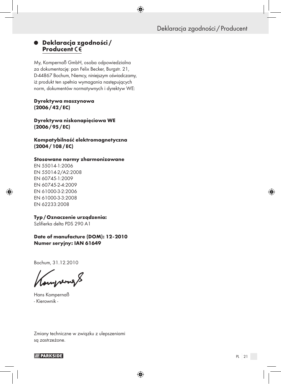 Deklaracja zgodności / producent | Parkside PDS 290 A1 User Manual | Page 20 / 65