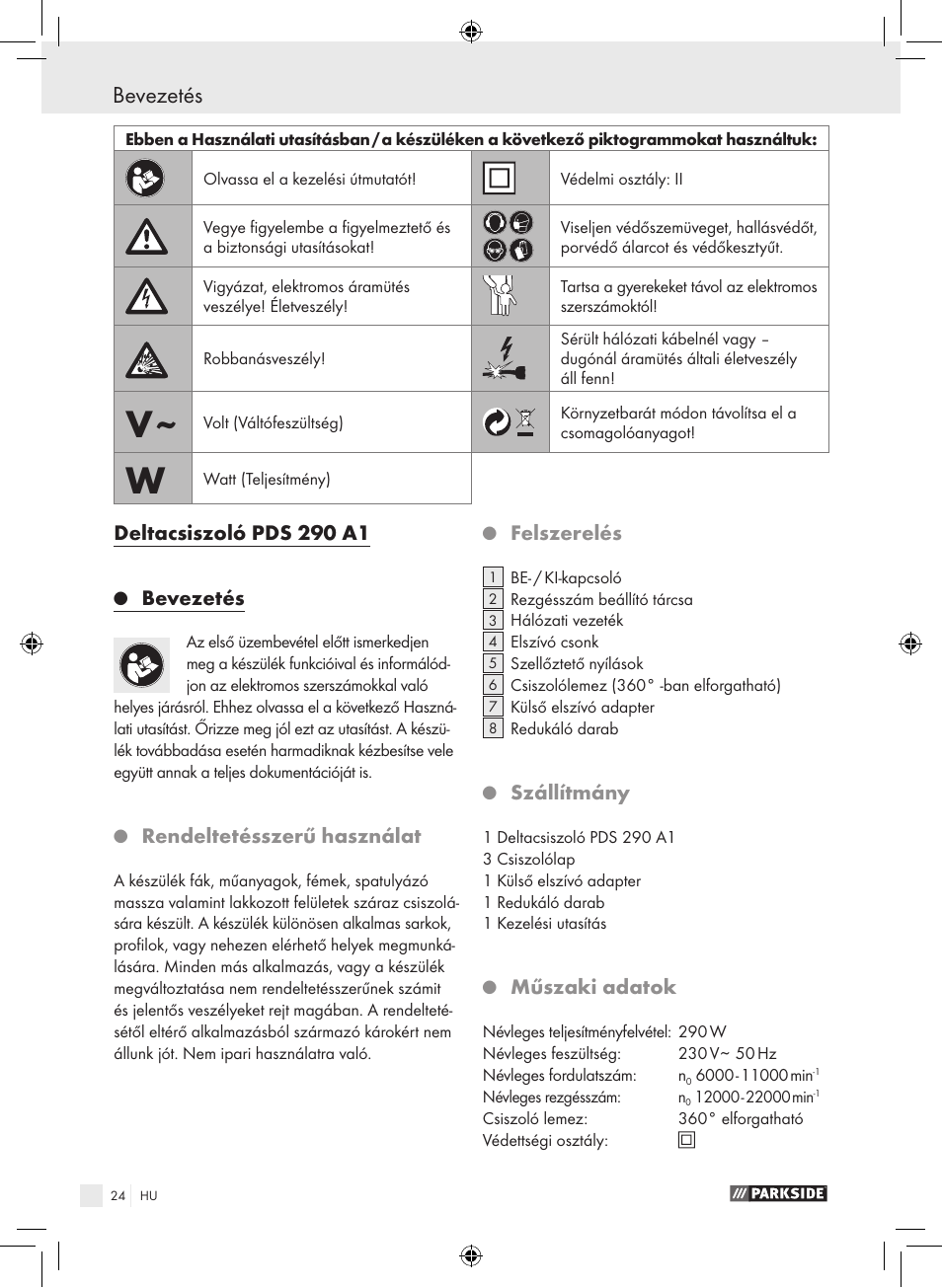 Deltacsiszoló pds 290 a1, Bevezetés, Rendeltetésszerű használat | Felszerelés, Szállítmány, Műszaki adatok | Parkside PDS 290 A1 User Manual | Page 23 / 65