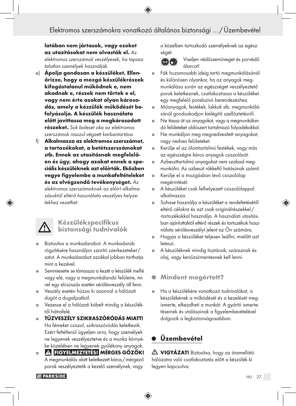 Készülékspecifikus biztonsági tudnivalók, Mindent megértett, Üzembevétel | Parkside PDS 290 A1 User Manual | Page 26 / 65