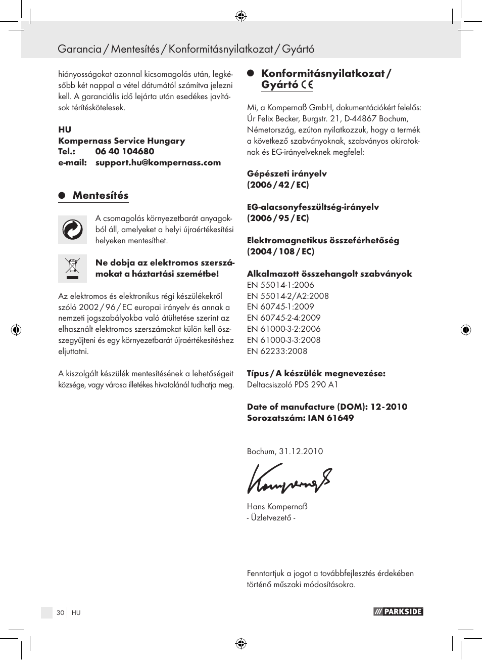 Mentesítés, Konformitásnyilatkozat / gyártó | Parkside PDS 290 A1 User Manual | Page 29 / 65