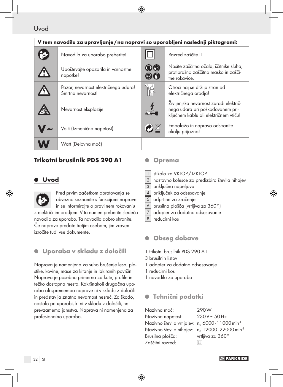 Uvod, Trikotni brusilnik pds 290 a1, Uporaba v skladu z določili | Oprema, Obseg dobave, Tehnični podatki | Parkside PDS 290 A1 User Manual | Page 31 / 65