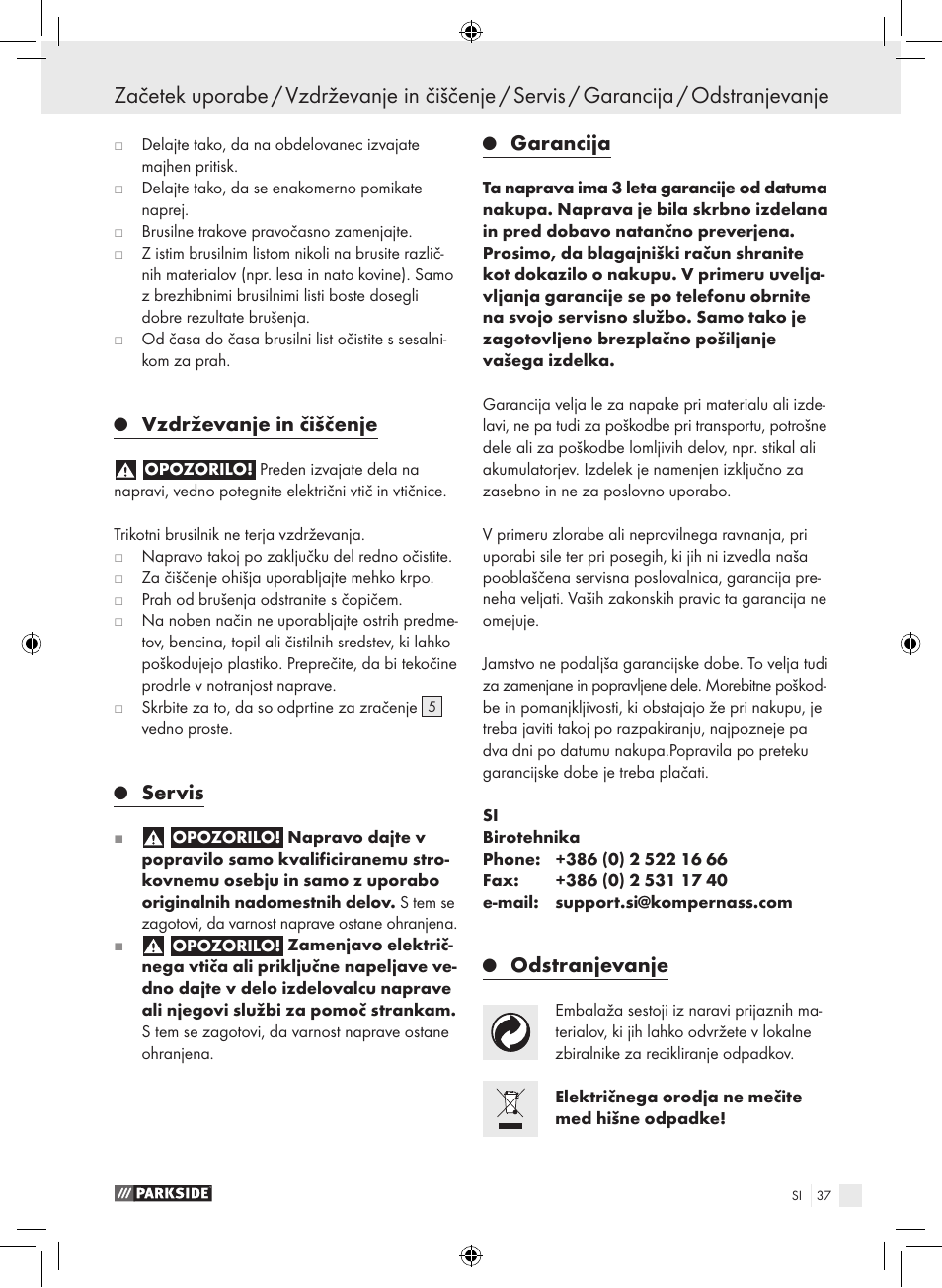 Vzdrževanje in čiščenje, Servis, Garancija | Odstranjevanje | Parkside PDS 290 A1 User Manual | Page 36 / 65