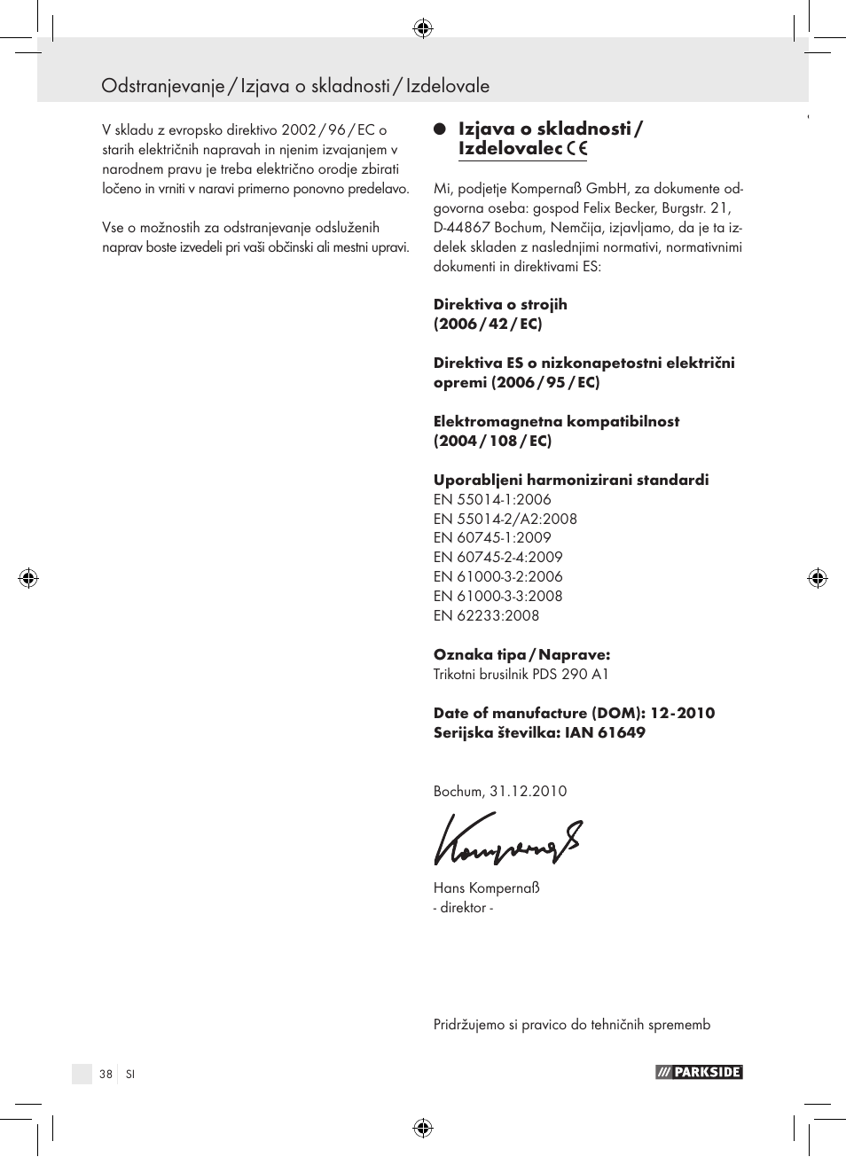 Odstranjevanje / izjava o skladnosti / izdelovale, Izjava o skladnosti / izdelovalec | Parkside PDS 290 A1 User Manual | Page 37 / 65