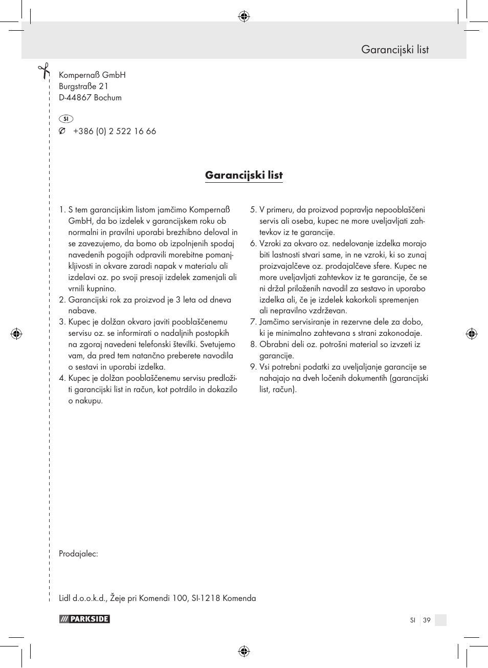 Garancijski list | Parkside PDS 290 A1 User Manual | Page 38 / 65