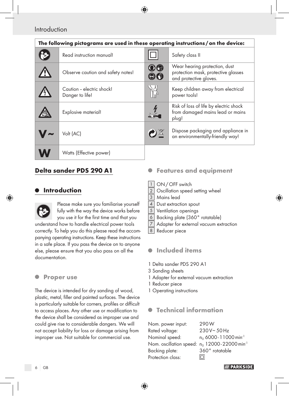 Introduction, Delta sander pds 290 a1, Proper use | Features and equipment, Included items, Technical information | Parkside PDS 290 A1 User Manual | Page 5 / 65