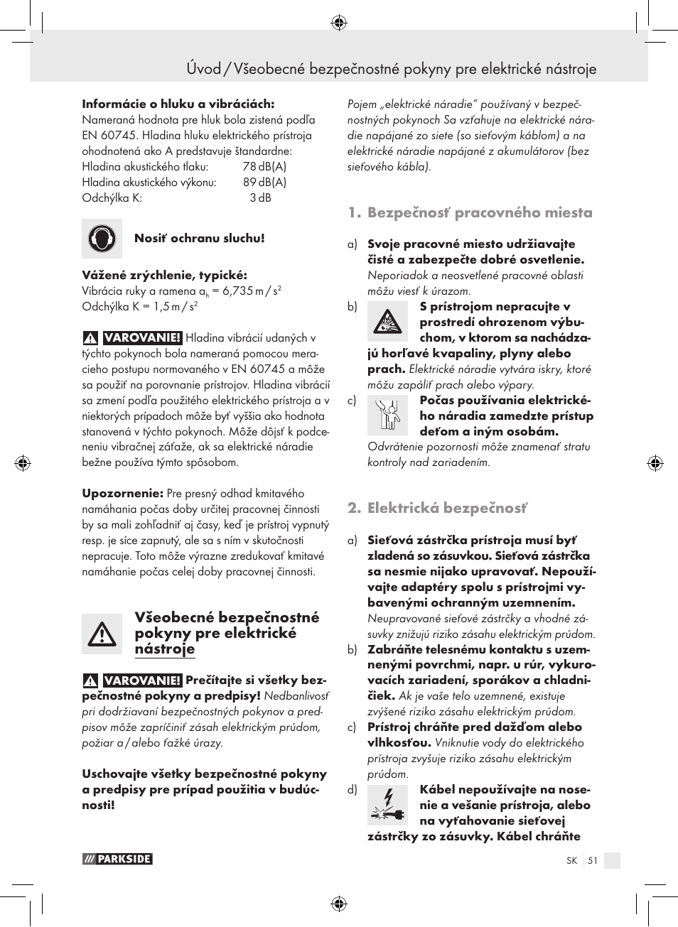 Bezpečnosť pracovného miesta, Elektrická bezpečnosť | Parkside PDS 290 A1 User Manual | Page 50 / 65