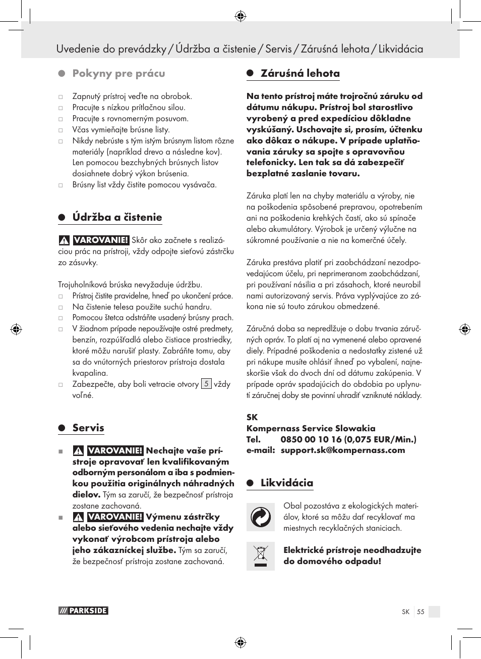 Pokyny pre prácu, Údržba a čistenie, Servis | Záruśná lehota, Likvidácia | Parkside PDS 290 A1 User Manual | Page 54 / 65