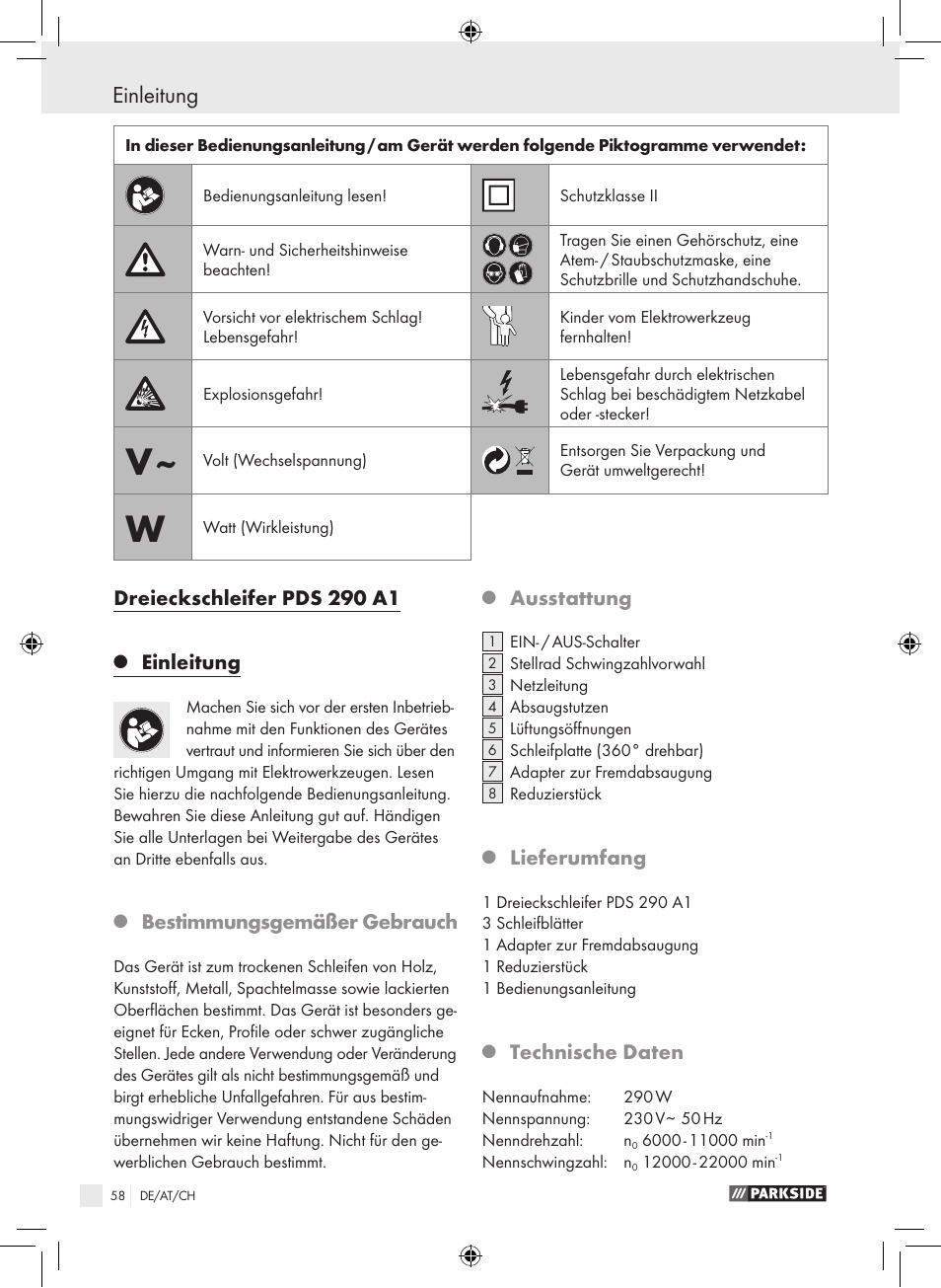 Einleitung, Dreieckschleifer pds 290 a1, Bestimmungsgemäßer gebrauch | Ausstattung, Lieferumfang, Technische daten | Parkside PDS 290 A1 User Manual | Page 57 / 65